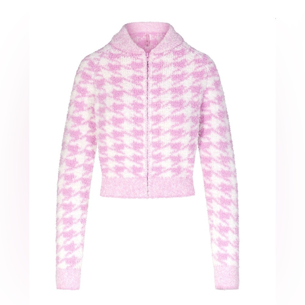 Skims Cozy Knit Zip Up in petal houndstooth